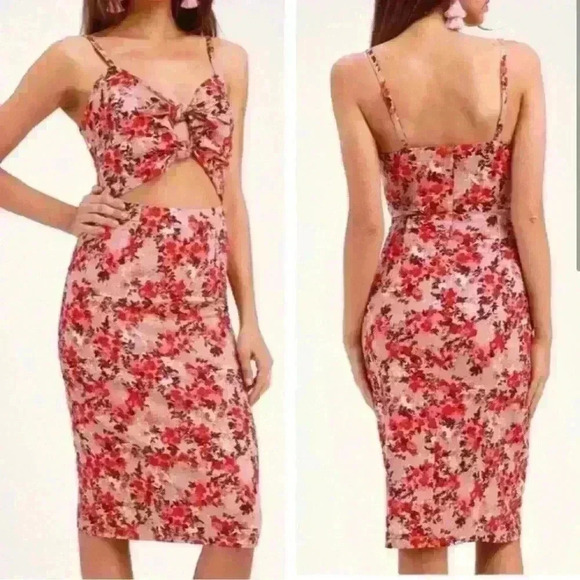 WAYF Y2K floral feminine midi dress with front cut out size large linen blend